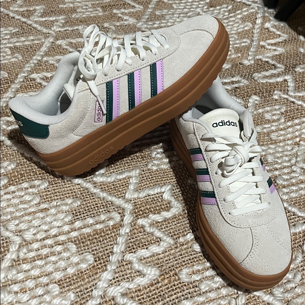 Adidas stacked White Sneakers with Purple and Green Stripes